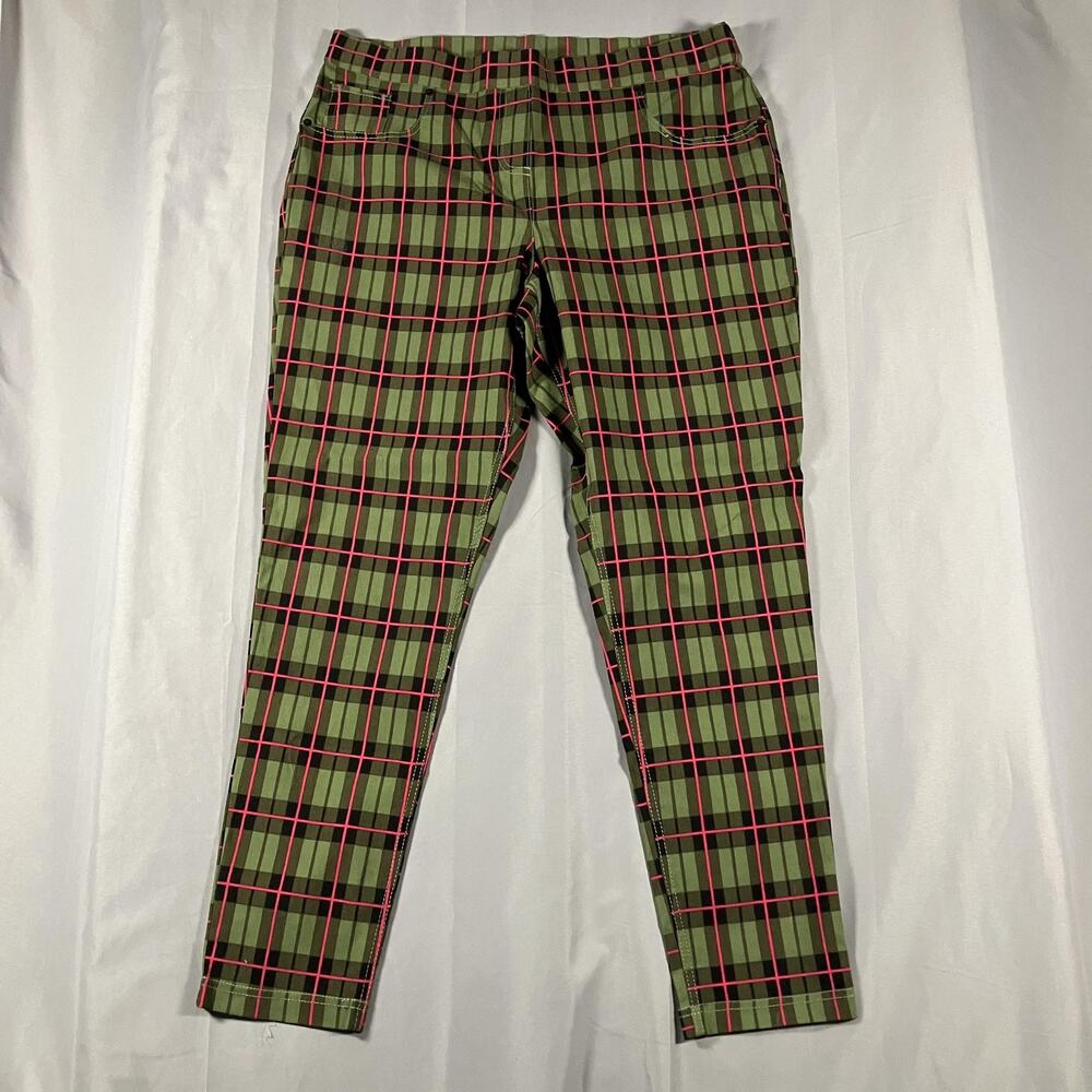 No Boundaries Pants Womens 2XL 19 Green Pink Plaid‎ Stretch Skinny Rayon Blend
